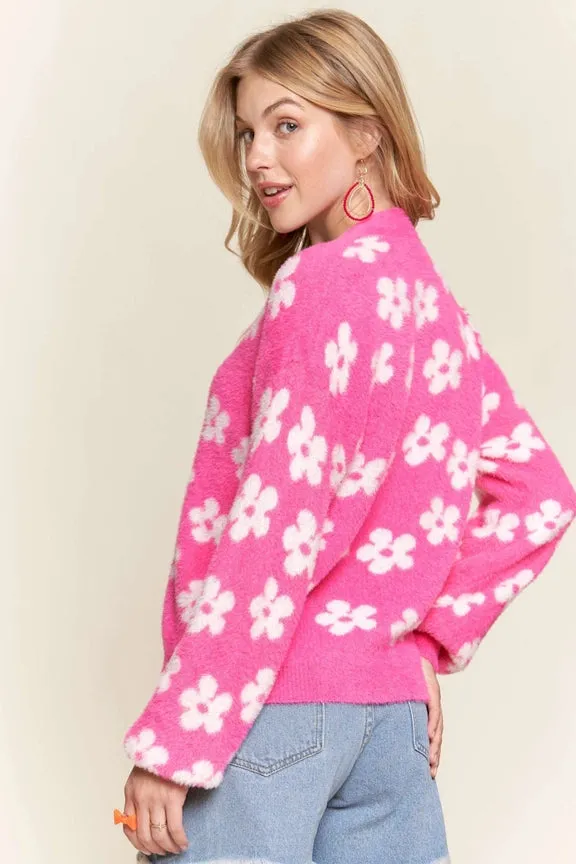 Pink Floral Fuzzy Sweater Cardigan