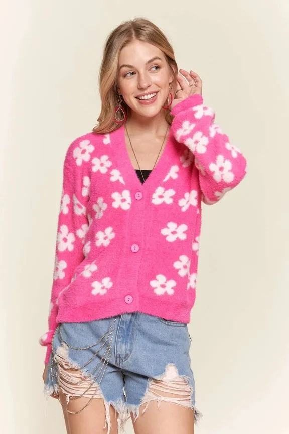 Pink Floral Fuzzy Sweater Cardigan