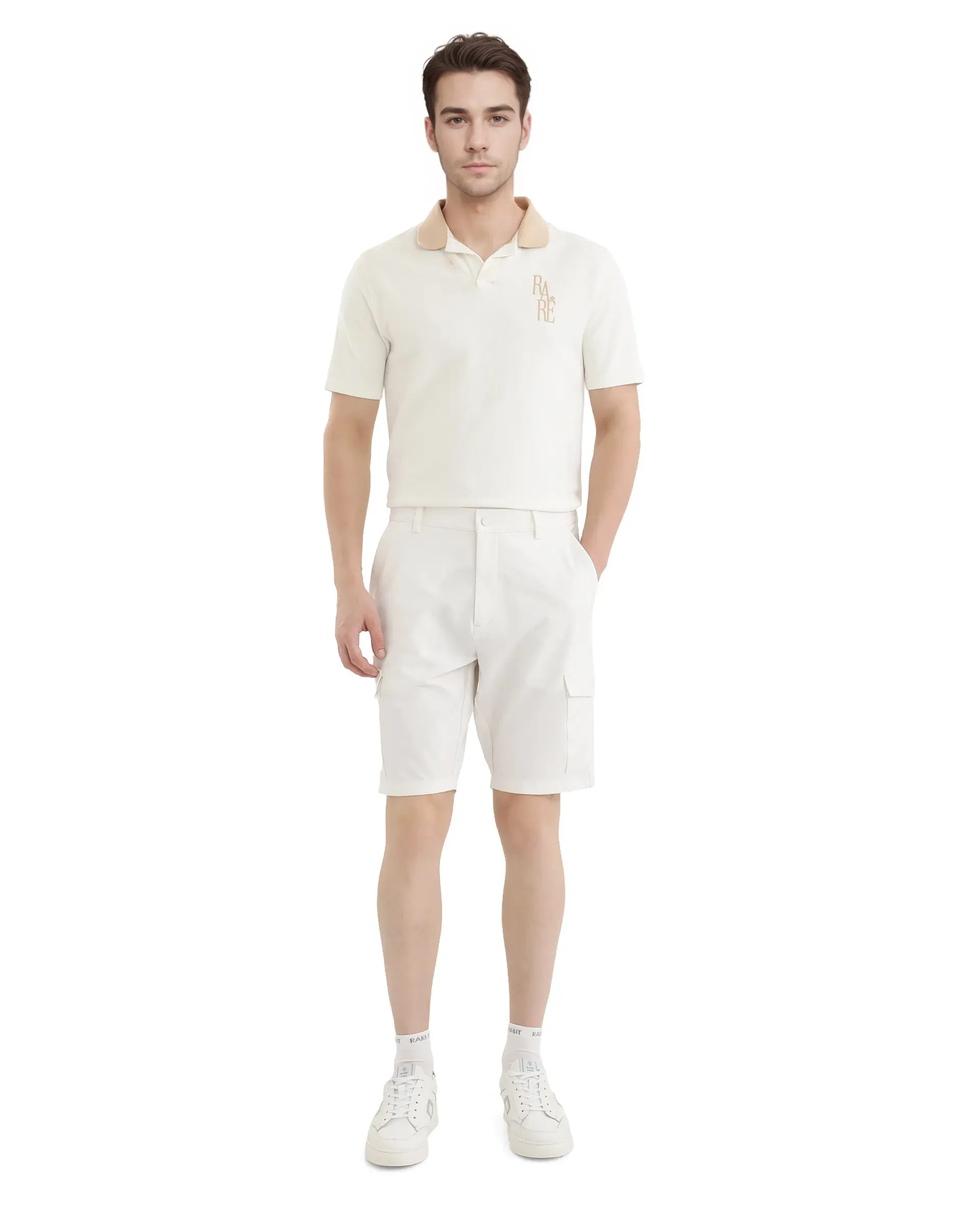 Rare Rabbit Men Tripco White Button And Zip Closure Mid-Rise Relaxed Fit Plain Shorts