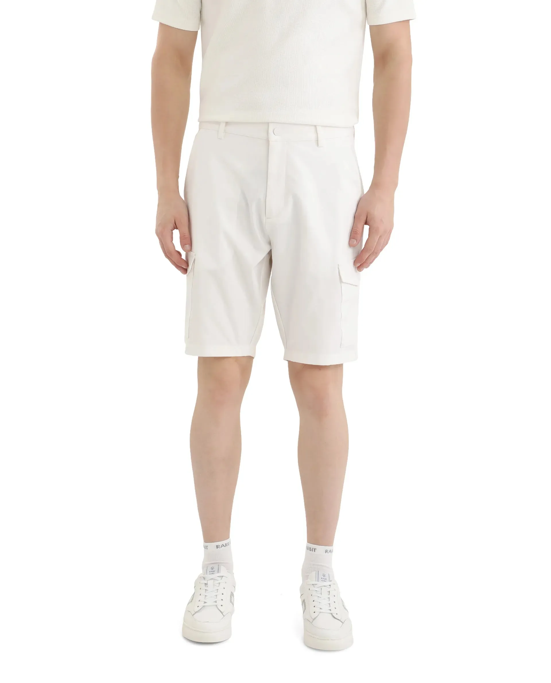 Rare Rabbit Men Tripco White Button And Zip Closure Mid-Rise Relaxed Fit Plain Shorts