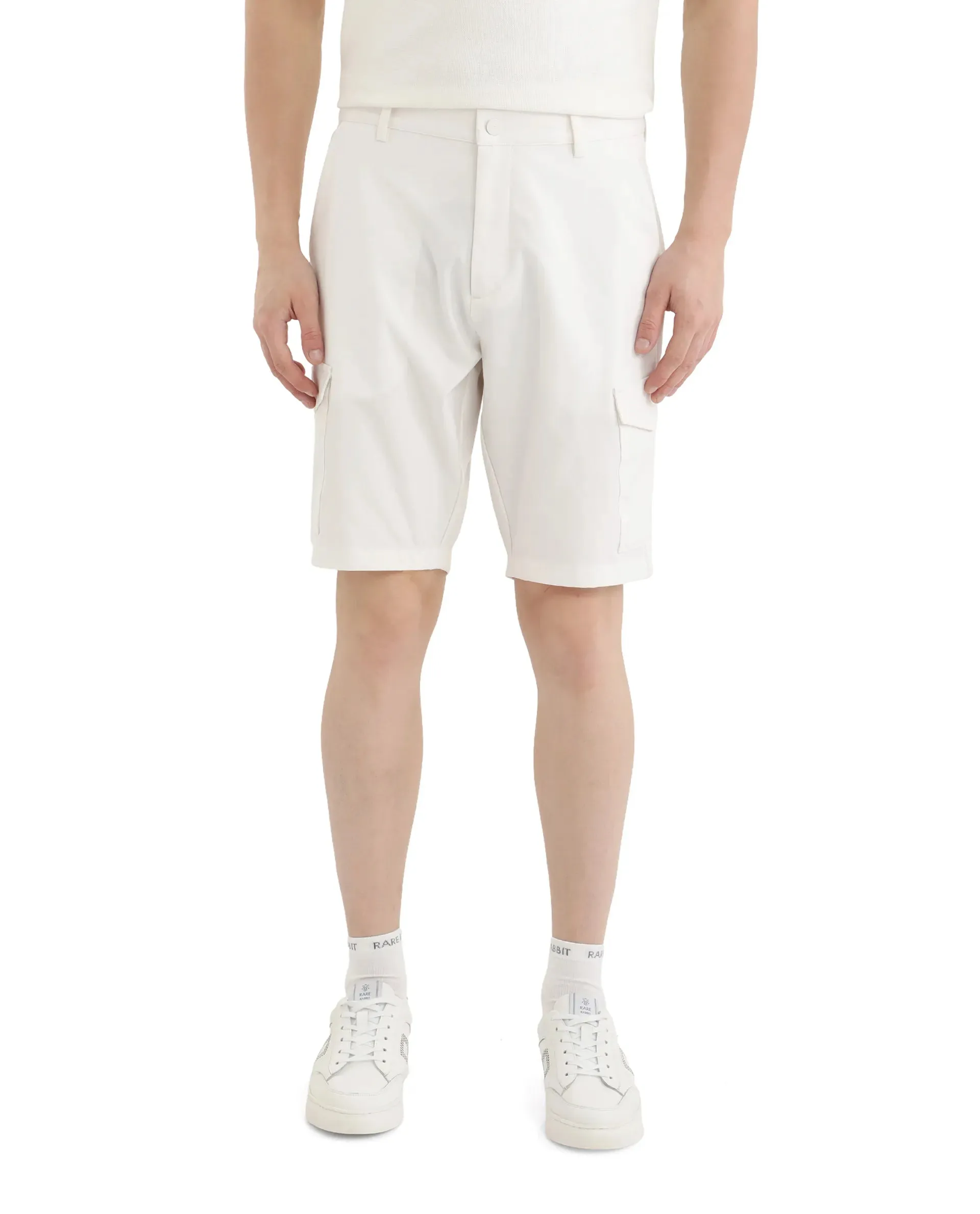 Rare Rabbit Men Tripco White Button And Zip Closure Mid-Rise Relaxed Fit Plain Shorts