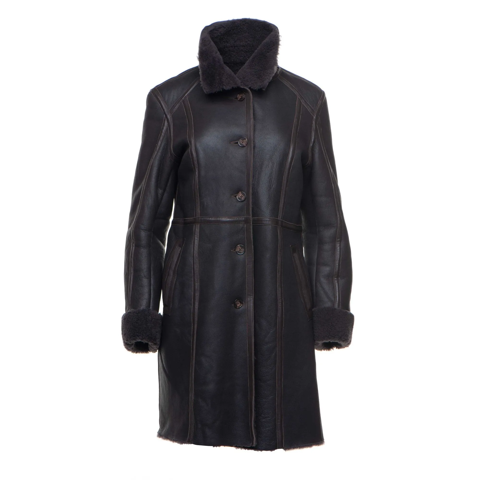 Shaunna's buttoned 3/4 length shearling coat