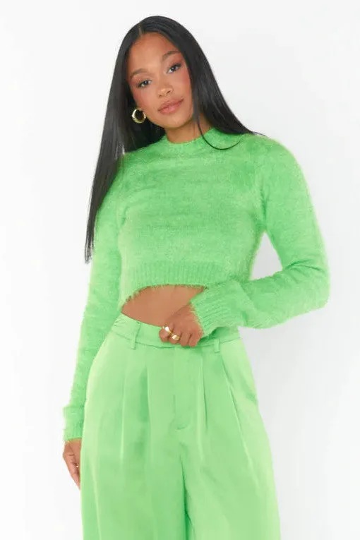 Show Me Your Mumu Cropped Varsity Sweater in Bright Green Fuzzy Knit