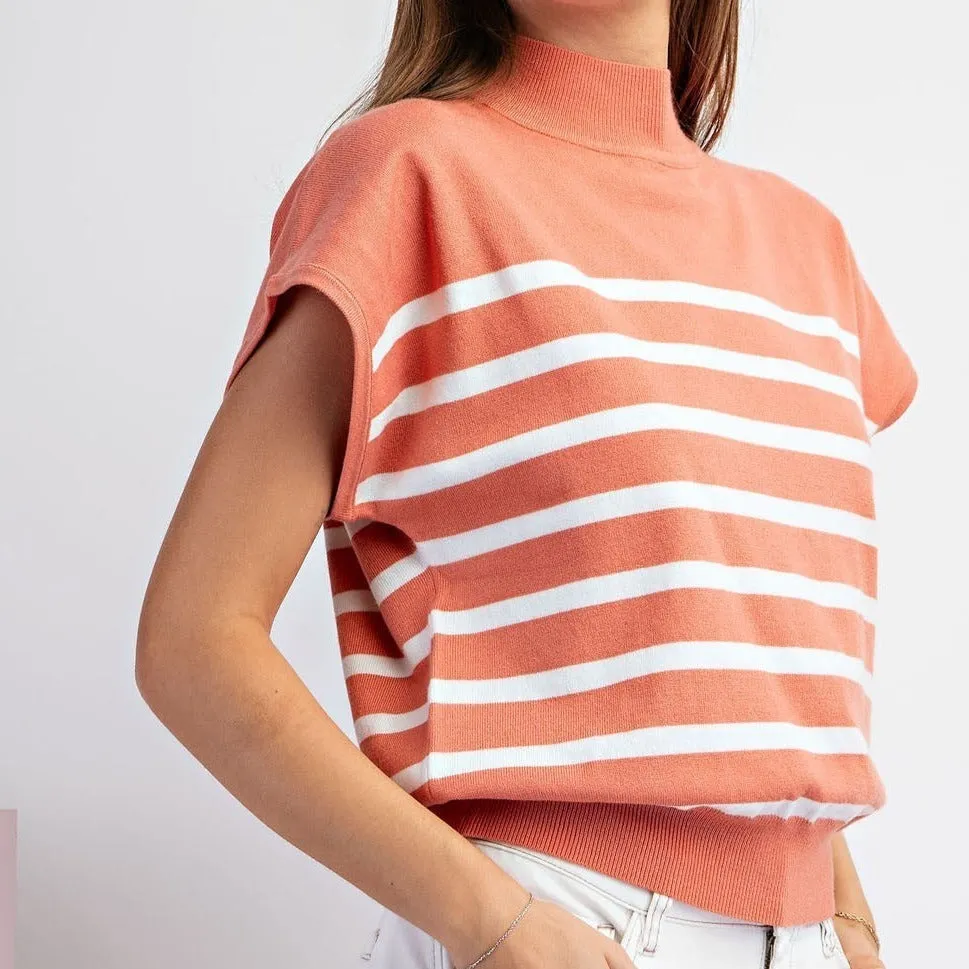 Striped Surprise Short Sleeve Mock Neck Sweater Top