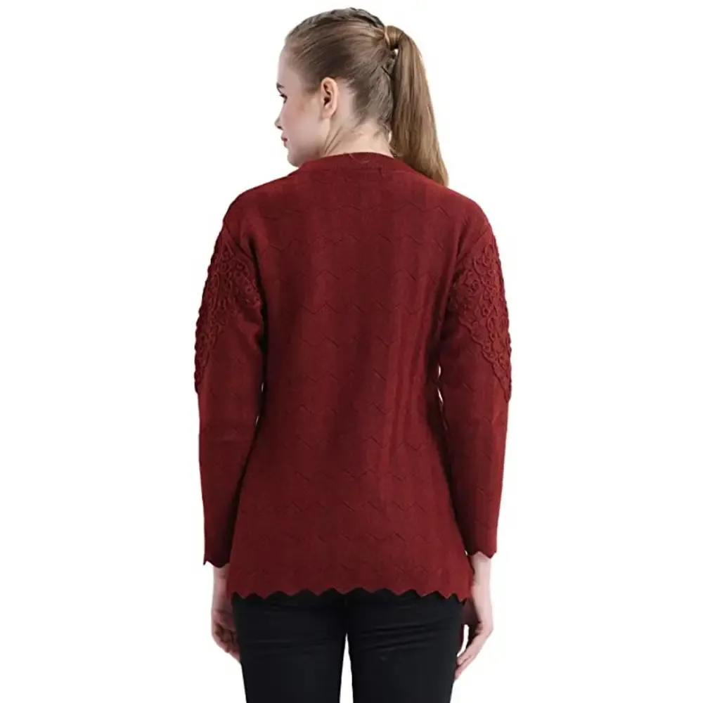 Stylish Maroon Woolen Button Closure Cardigan For Women