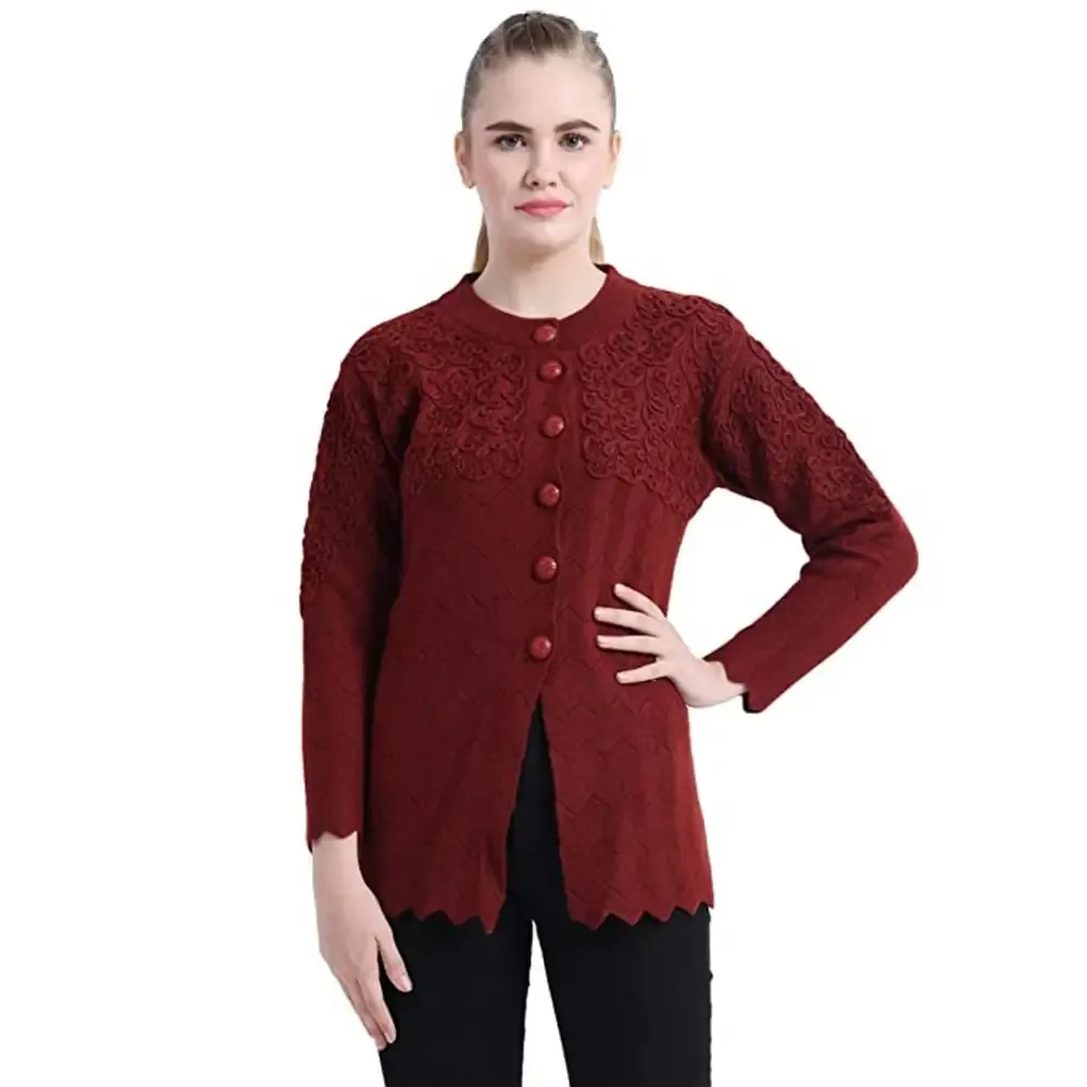 Stylish Maroon Woolen Button Closure Cardigan For Women