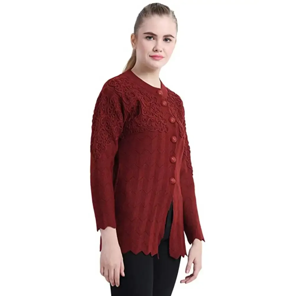 Stylish Maroon Woolen Button Closure Cardigan For Women