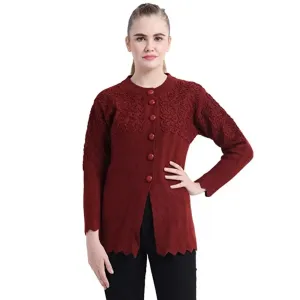 Stylish Maroon Woolen Button Closure Cardigan For Women