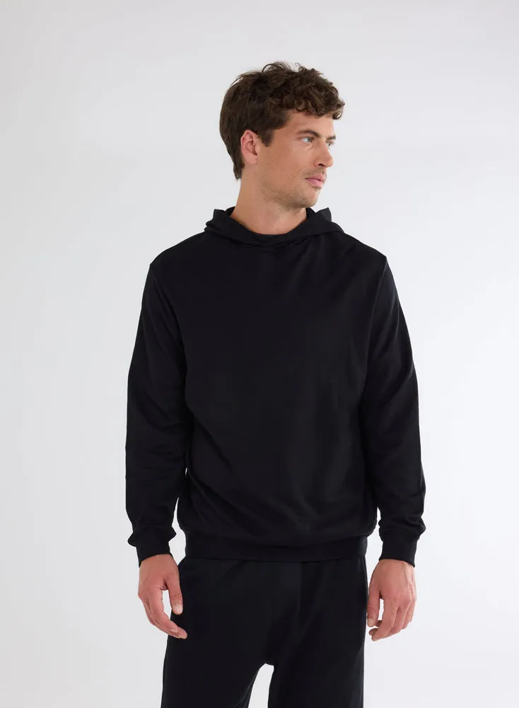 Sweat Noir à Capuche Manches Longues en Viscose et Élasthanne