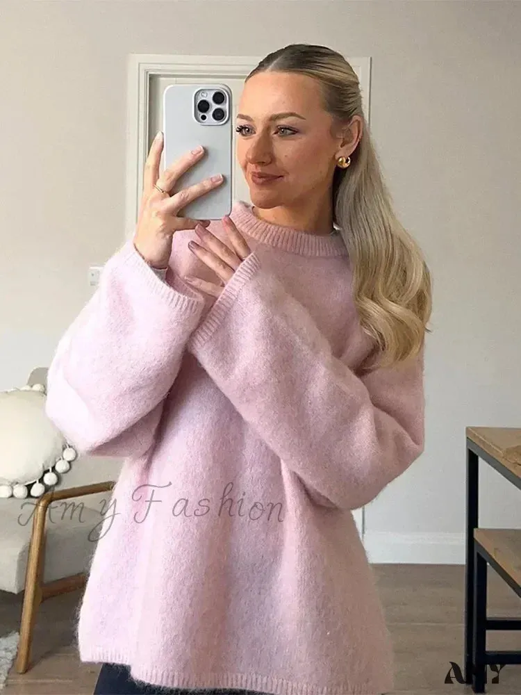 Sweet Pink Women Mohair Casual Loose O-neck Long Sleeve Knitted Pullover 2024 Autumn Stylish Sweater