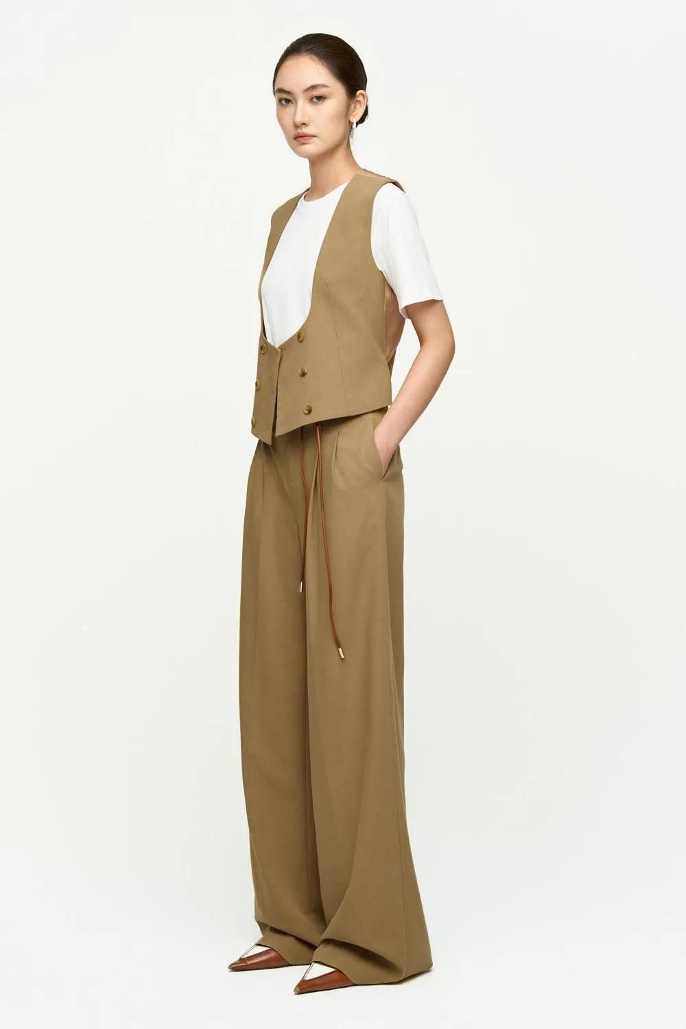 Taylor Straight Wide Leg Twill Crepe Floor Length Pants