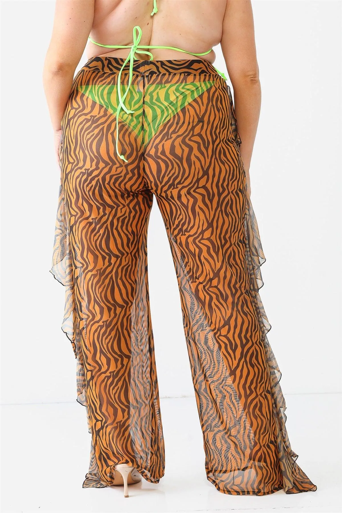 Tiger Animal Print Mesh High Waist Sexy Ruffle Pants