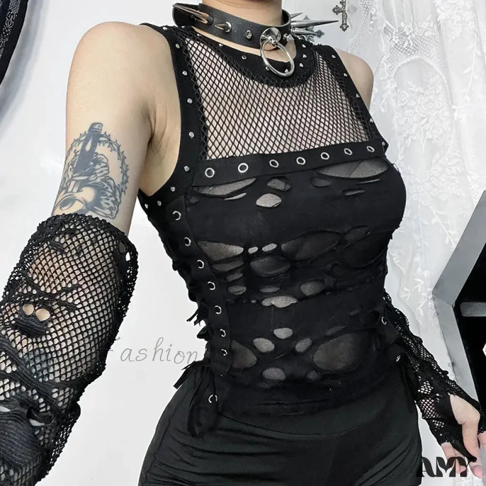 Trendy Rave Gothic Party Steampunk Fishnet Backless Sexy Crop Top