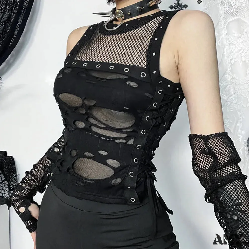 Trendy Rave Gothic Party Steampunk Fishnet Backless Sexy Crop Top