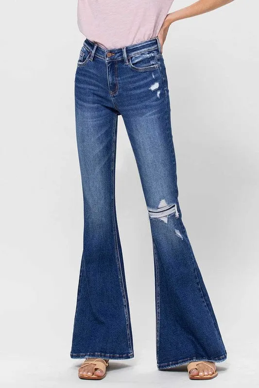 waterfront location Distressed Mid Rise Flared Jeans