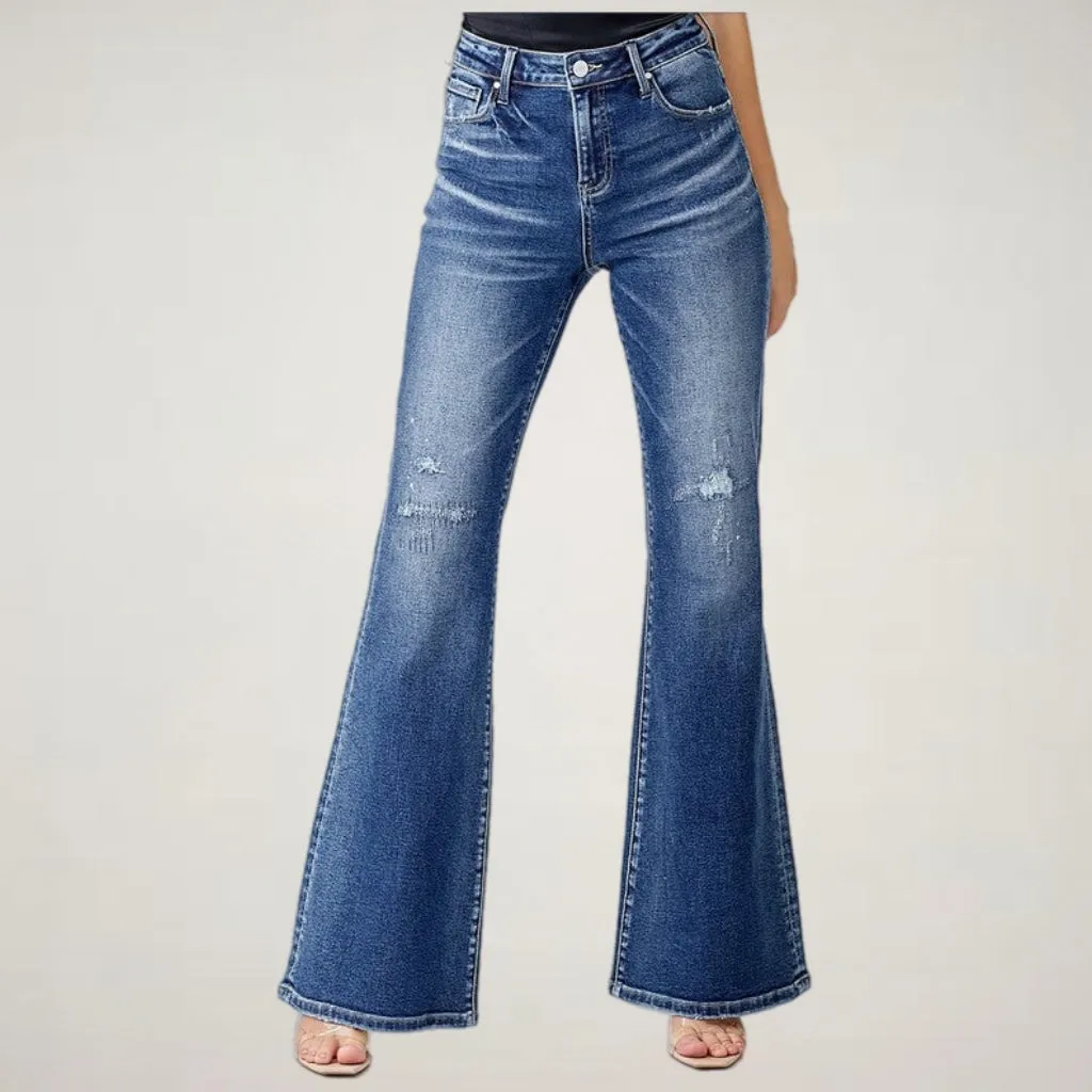 waterfront location Distressed Mid Rise Flared Jeans