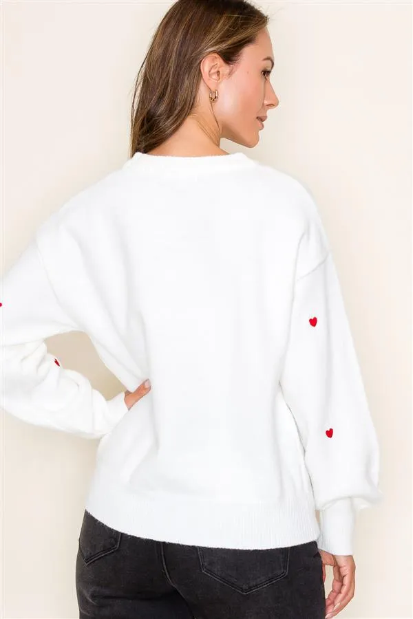 White Embroidered Heart Sweater