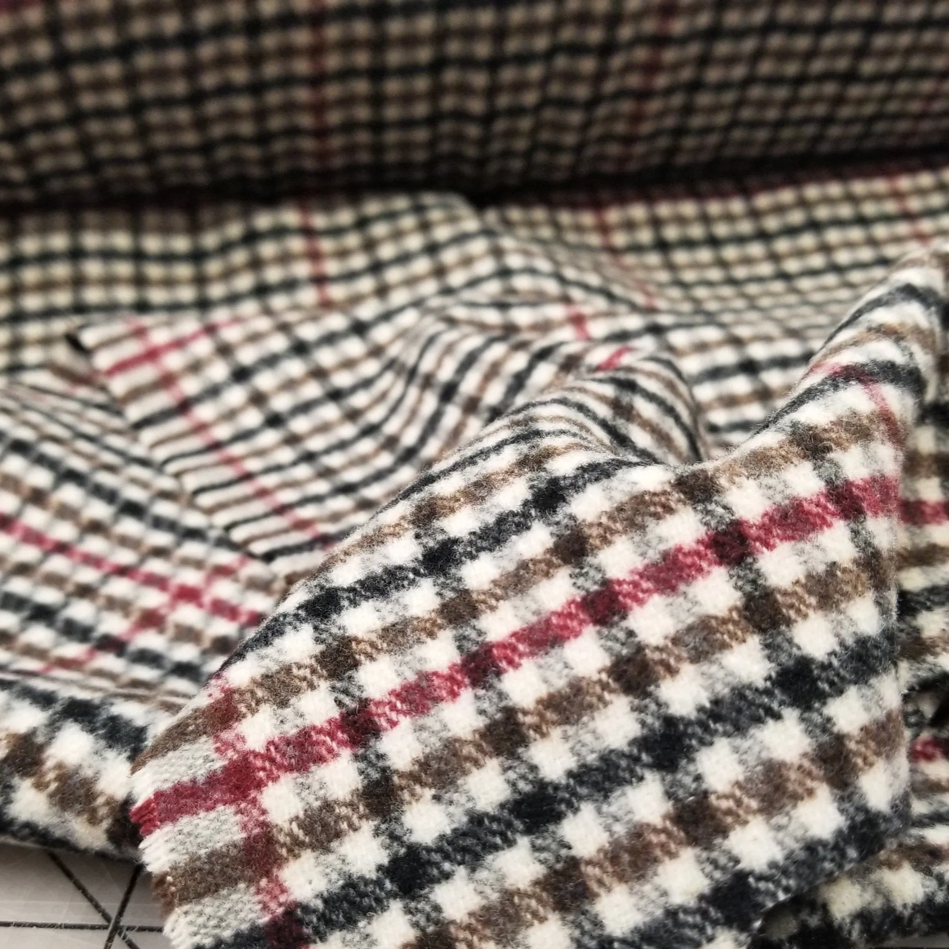 Wool Blend Melton Olive and Burgundy Checks Woven-Sold by the yard